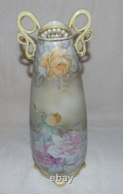 Nippon Double Handle Vase Old Green Leaf Stamp Roses 13