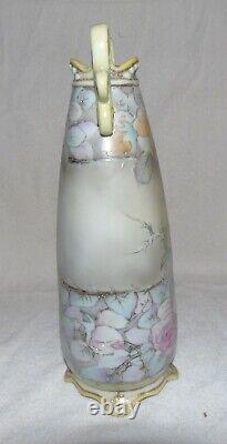 Nippon Double Handle Vase Old Green Leaf Stamp Roses 13