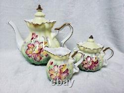 Nippon Hand Painted Porcelain Teapot Sugar Bowl & Creamer Floral Green Gold Rimm