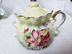 Nippon Hand Painted Porcelain Teapot Sugar Bowl & Creamer Floral Green Gold Rimm