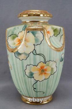 Nippon Morimura Hand Painted Nasturtium Flowers Green & Gold Beaded Vase