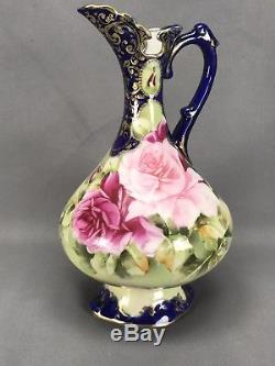 Nippon Porcelain Hand Painted Ewer Colbalt and Gold with Rose Floral Pattern