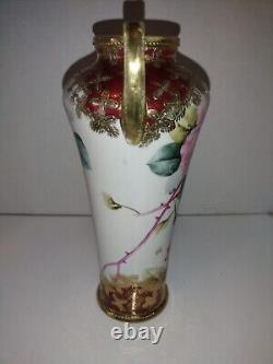 Nippon Porcelain Vase Hand Painted Pink Roses Gold Gilt Handles Jeweled Japan