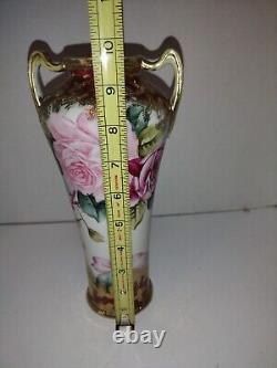 Nippon Porcelain Vase Hand Painted Pink Roses Gold Gilt Handles Jeweled Japan