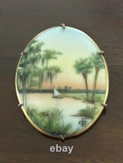 OLIVE COMMONS Brooch HAND PAINTED ON PORCELAIN Vintage
