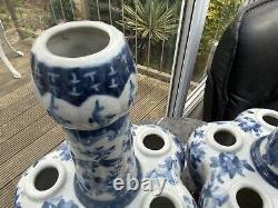 ONE RARE TULIPIERE CROCUS POT CHINESE BLUE WHITE HAND PAINTED VASE 19th C GOURD