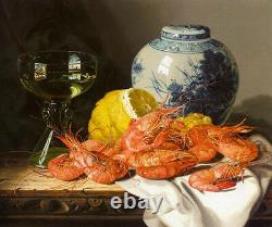 Oil Edward Ladell Still Life with Prawns and a Delft Pot porcelain vase canvas