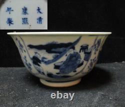 Old Chinese Hand Painting Figures B/W Porcelain Bowl KangXi Marks