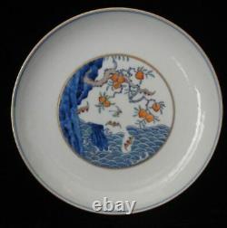 Old Chinese Hand Painting Peaches & Bats Porcelain Plate Dish Marked YongZheng