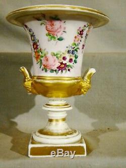 Old Paris Porcelain Hand Painted Landscape & Floral Campana Vase 8 early 19th c