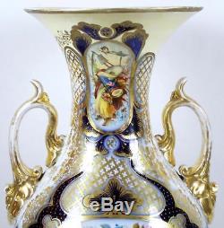 Old Paris Porcelain Vase Hand Painted Roses Cobalt & Gold Accents 12 3/4