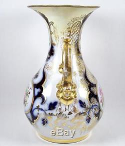 Old Paris Porcelain Vase Hand Painted Roses Cobalt & Gold Accents 12 3/4