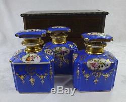 Old Paris Porcelain hand painted cologne bottles wire inlay wood box 19th cen