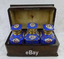 Old Paris Porcelain hand painted cologne bottles wire inlay wood box 19th cen