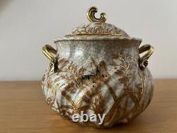 Ornate Hand Painted Brown Porcelain Round Pot with Brass features and Butterfly