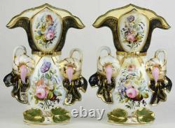 PAIR 19thC antique Bayeux Paris porcelain floral hand paint decor French Vases
