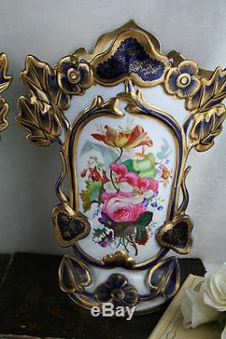 PAIR 19thC old Bayeux Paris porcelain floral hand paint decor French Vases