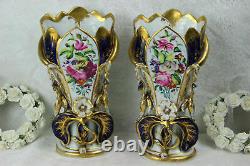 PAIR 19thc French vieux paris porcelain floral hand paint Vases