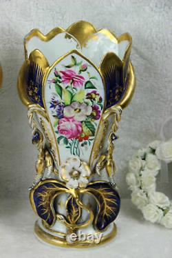 PAIR 19thc French vieux paris porcelain floral hand paint Vases