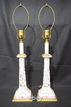 PAIR Handpainted Porcelain Candlestick Lamps Beautifully Mounted With Brass