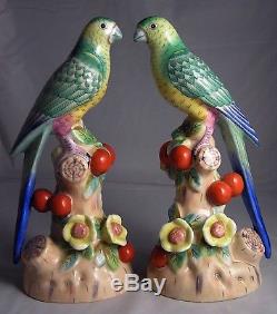 PAIR OF ANDREA By SADEK PORCELAIN HAND PAINTED GREEN PARAKEET BIRDS FIGURINES
