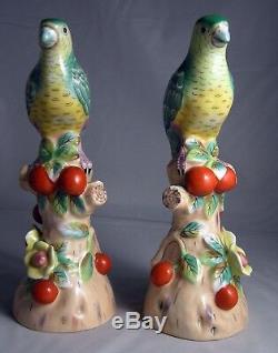 PAIR OF ANDREA By SADEK PORCELAIN HAND PAINTED GREEN PARAKEET BIRDS FIGURINES