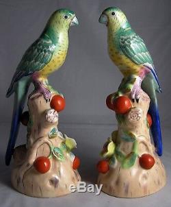 PAIR OF ANDREA By SADEK PORCELAIN HAND PAINTED GREEN PARAKEET BIRDS FIGURINES