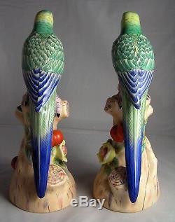 PAIR OF ANDREA By SADEK PORCELAIN HAND PAINTED GREEN PARAKEET BIRDS FIGURINES