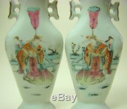 PAIR OF ANTIQUE CHINESE 19th C FAMILLE ROSE HAND PAINTED PORCELAIN WALL VASE