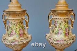 PAIR VINTAGE PORCELAIN HAND PAINTED WithFLOWERS TORCHIER TABLE LAMPS With DIFFUSERS