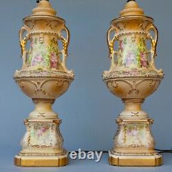 PAIR VINTAGE PORCELAIN HAND PAINTED WithFLOWERS TORCHIER TABLE LAMPS With DIFFUSERS