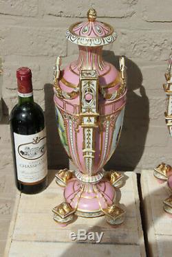 PAIR XL French vintage porcelain Vases hand paint bird decors pink Rare