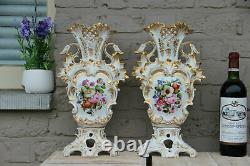 PAIR antique French vieux paris porcelain hand paint floral scene