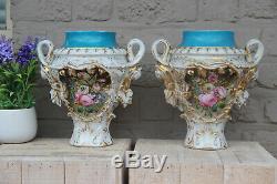 PAIR antique French vieux paris porcelain vases Floral hand paint decor