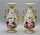 Pair Antique French Vieux Old Paris Porcelain Floral Hand Paint Vases