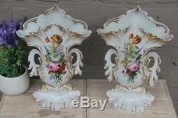 PAIR antique vieux paris hand paint floral porcelain vases 19th c