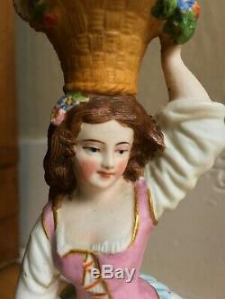 PAIR of 1860s Antique Porcelain Figural Oil Lamps European Hand Painted EUC