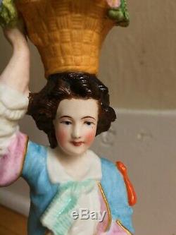 PAIR of 1860s Antique Porcelain Figural Oil Lamps European Hand Painted EUC
