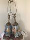 Pair Of Vintage Hand Painted Geometric Floral Porcelain Table Lamps