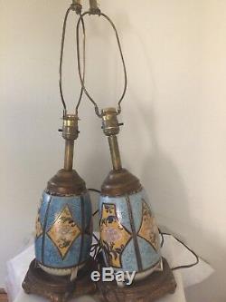 PAIR of Vintage Hand Painted Geometric Floral Porcelain Table Lamps