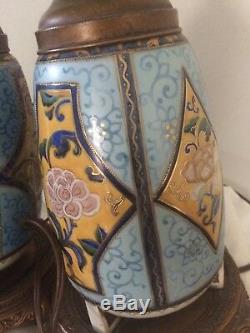 PAIR of Vintage Hand Painted Geometric Floral Porcelain Table Lamps