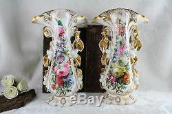 PAIR vieux old paris porcelain floral decor Vases hand paint 19thc france
