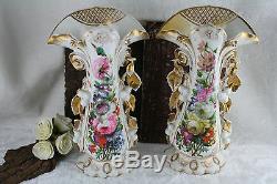 PAIR vieux old paris porcelain floral decor Vases hand paint 19thc france