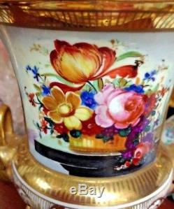 Pair 19th Century Old Paris Porcelain Campana Vases w Hand-Painted Flowers