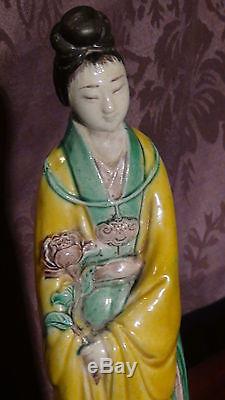 Pair Antique 19c Chinese Porcelain Glazed Man &woman Hand Painted Figures, Marked