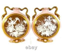 Pair Antique 19th Century Grainger Worcester Pate Sur Pate Moon Flask Vases