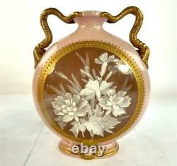 Pair Antique 19th Century Grainger Worcester Pate Sur Pate Moon Flask Vases