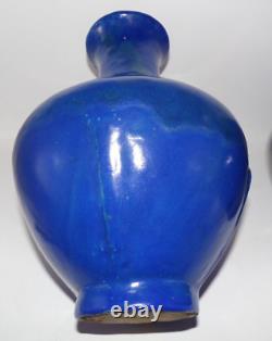 Pair Antique Chinese Pottery Cobalt Blue Glazed Large Vases