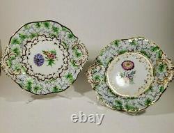 Pair Antique English Porcelain Hand Painted Botanical Dishes Mum Primrose Green