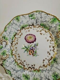 Pair Antique English Porcelain Hand Painted Botanical Dishes Mum Primrose Green